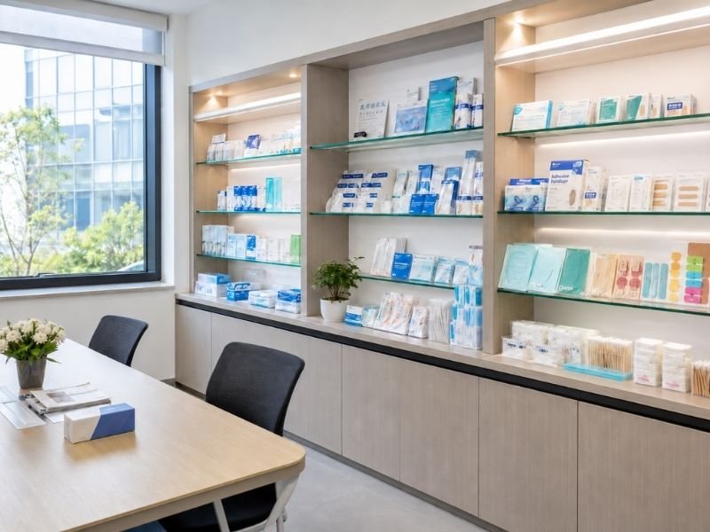 Medical product sample display wall in a clean showroom at Caveniq Medical
