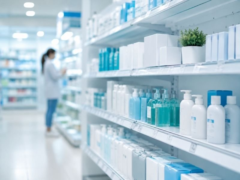 Clean retail healthcare shelves representing healthcare retailers and consumer medical products