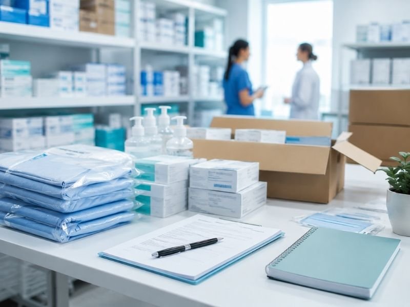 Organized warehouse scene representing institutional buyers and bulk medical procurement