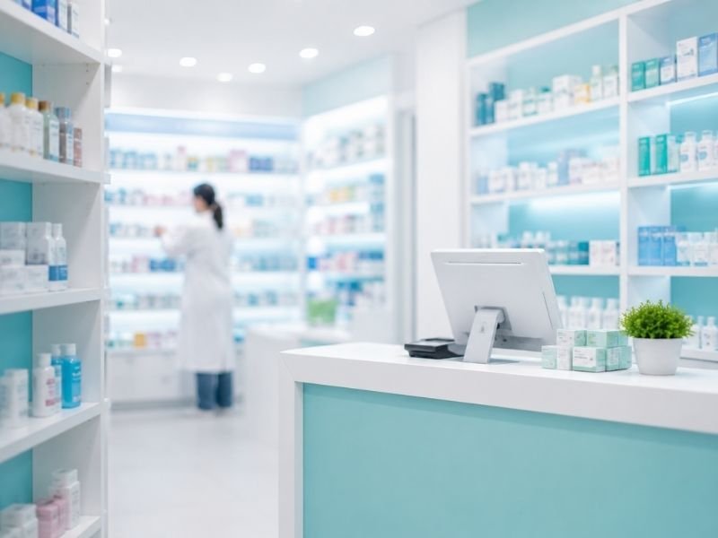 Modern pharmacy interior representing pharmacy chains and retail healthcare supply