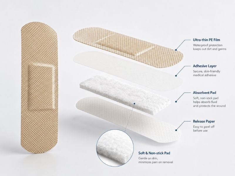 Exploded view of a waterproof adhesive bandage with PE film backing, absorbent wound pad and release liner