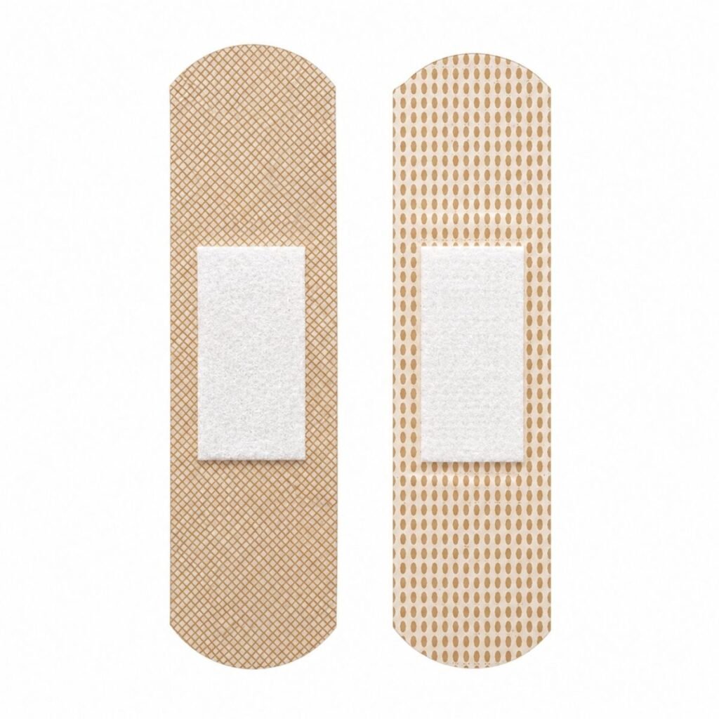 Two waterproof adhesive bandages with crosshatch and dot-pattern PE film surfaces